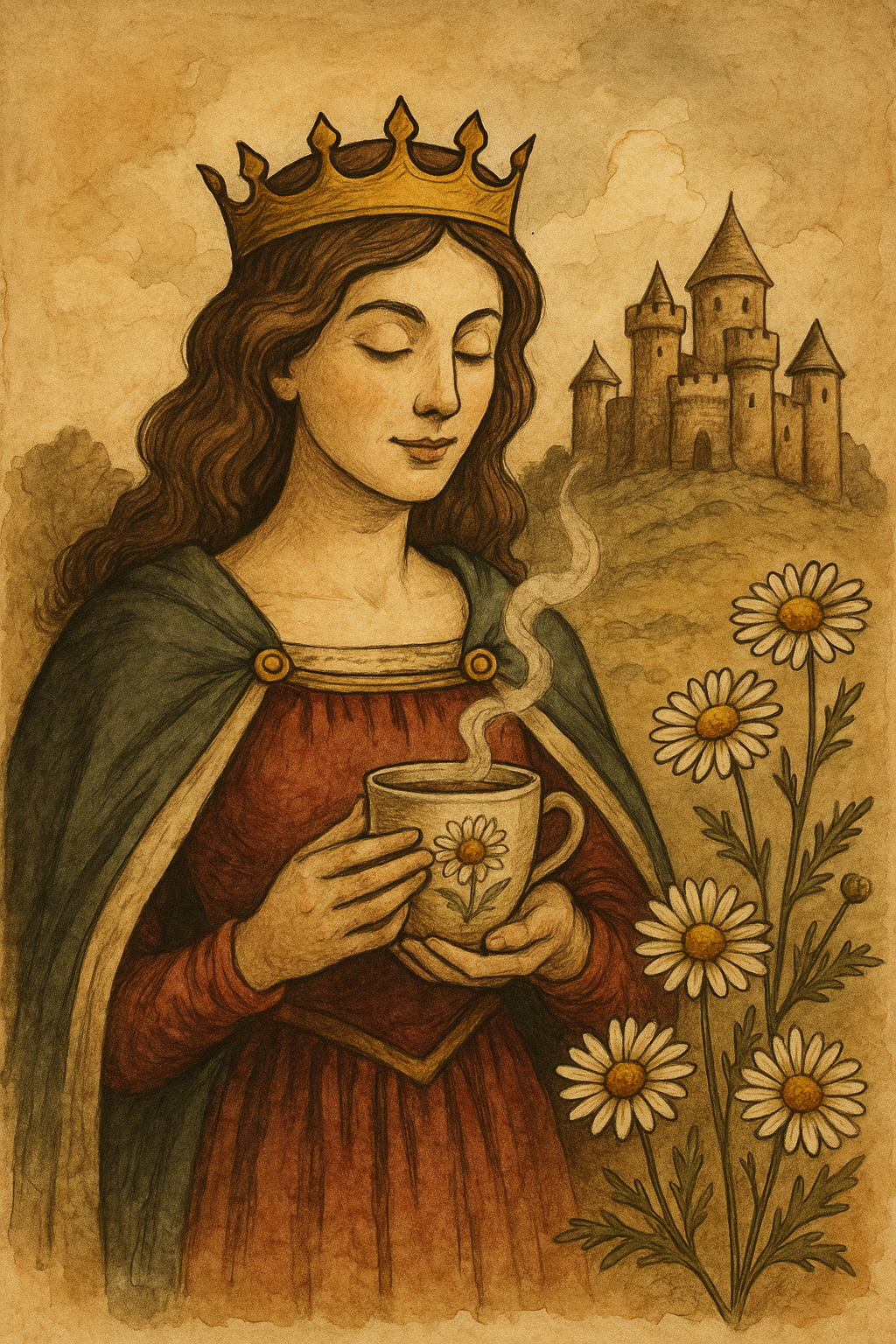 dibujo en sepia de mujer tomando manzanilla