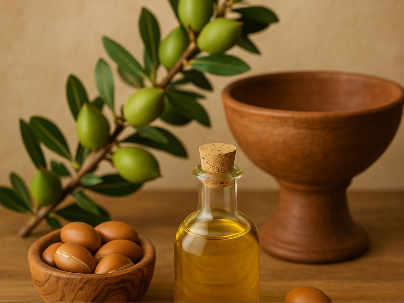 mesa con rama del arbol, aceite de argán y frutos del árbol