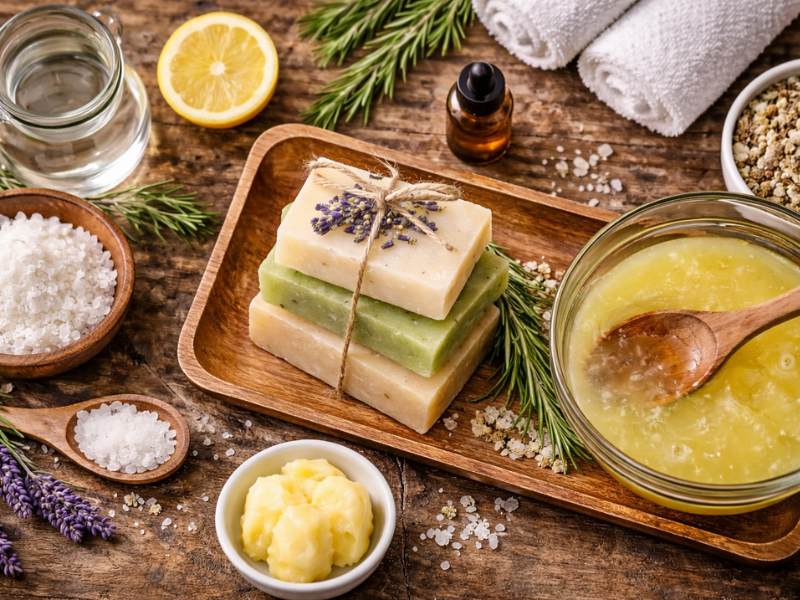 varios tipos de jabon casero y los ingredientes al lado