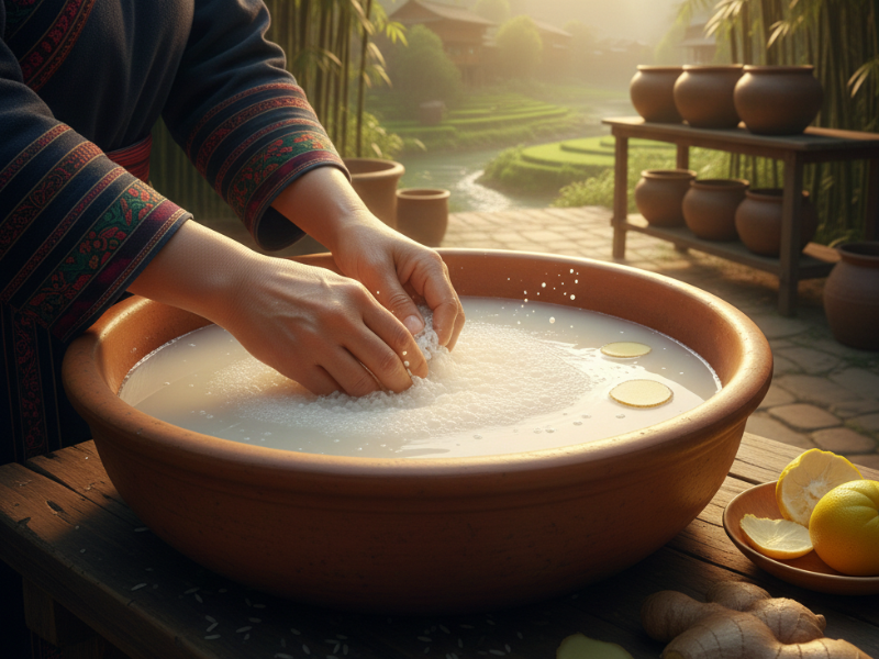 cuenco con agua de arroz fermentada