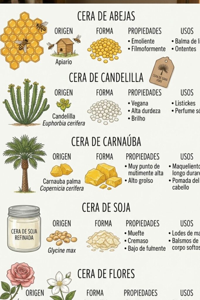 Tipo de Cera,Origen,Textura / Forma,Punto de Fusión,Características Principales,Usos Comunes en Cosmética Casera
Cera de Abejas (Cera Alba / Flava),Animal (panales de abejas),"Perlas, láminas o bloques. Color amarillo (natural) o blanco (refinada).",62°C - 65°C,"Es la más común. Es dura, filmógena, emoliente y aporta consistencia. Tiene un olor característico a miel (la amarilla).","Bálsamos labiales, pomadas, cremas (como co-emulsionante), barras de masajes, velas de masaje."
Cera Candelilla (Euphorbia Cerifera),Vegetal (arbusto de Candelilla),Pequeñas escamas o perlas de color amarillo pálido.,68°C - 72°C,Alternativa vegana a la cera de abejas. Más dura y quebradiza. Aporta brillo y es muy buena para moldear.,"Lápices de labios, máscaras de pestañas, bálsamos, barras de maquillaje."
Cera Carnaúba (Copernicia Cerifera),Vegetal (hojas de la palma de Carnaúba),Escamas duras de color amarillo-marrón.,82°C - 86°C,La más dura de las ceras vegetales. Punto de fusión muy alto. Aporta un brillo intenso y durabilidad.,"Labiales duraderos, máscaras de pestañas, pomadas para el cabello, ceras para depilación."
Cera de Soja (Hydrogenated Soybean Oil),Vegetal (aceite de soja hidrogenado),Escamas o copos de color blanco o crema.,45°C - 55°C (según el tipo),"Muy suave, textura cremosa. Punto de fusión bajo. No es apta para dar dureza, pero sí para texturas suaves.","Velas de masaje (muy popular), cremas hidratantes corporales, bálsamos corporales suaves."
Cera de Arroz (Oryza Sativa Bran Wax),Vegetal (hojas de arroz),Polvo fino o escamas pequeñas de color blanco-amarillento.,77°C - 82°C,Textura fina y no grasa. Aporta un acabado mate y sedoso. Es un buen estabilizador de emulsiones.,"Cremas faciales matificantes, lociones, polvos corporales, maquillaje."
Cera Lanette O (Cetearyl Alcohol),Sintético / Vegetal (derivado de aceites vegetales),Escamas o pastillas blancas.,~50°C,"No es una cera en el sentido estricto (es un alcohol graso), pero funciona como co-emulsionante y agente de consistencia en emulsiones.","Cremas, lociones, acondicionadores capilares."