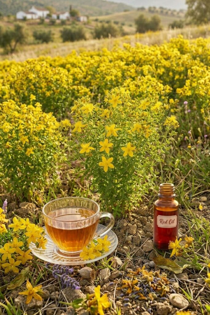 taza de hiperico con campo de flores al fondo